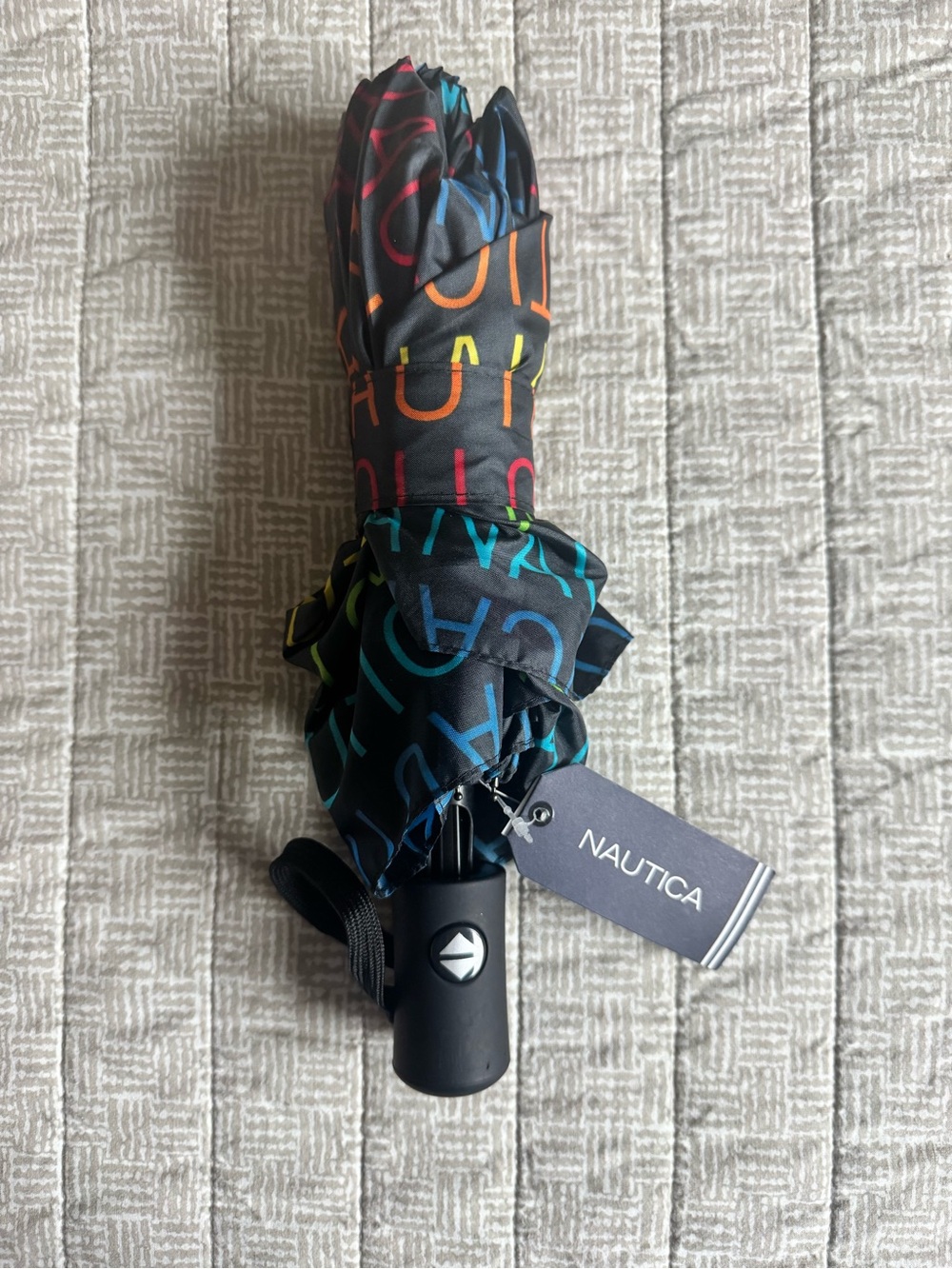 Nautica Black Umbrella with Multicolor Letter Print